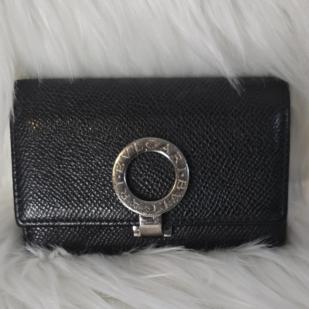 Bulgari Pebbled Leather Keychain Wallet Black